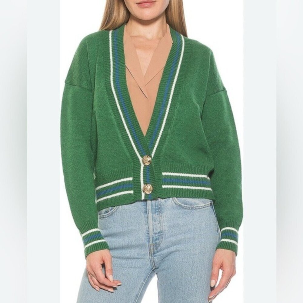 ALEXIA ADMOR Cathrine Knit Sweater Green V Neck‎ Cardigan Front Button Size XS